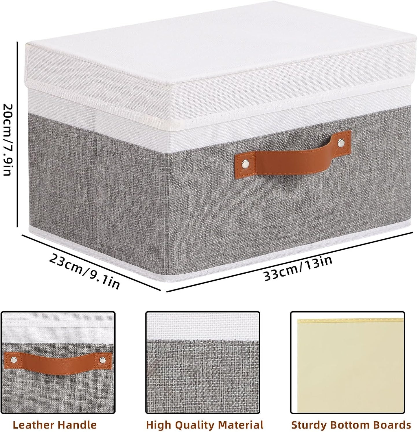 Fabric Storage Boxes with Lids, Linen Foldable Cloth Baskets, Closet Organizer Containers with Double Handles, Sweater Bins for Bedroom, White and Grey, 3 Pack, 13 x 9.1 x 7.9 Inch