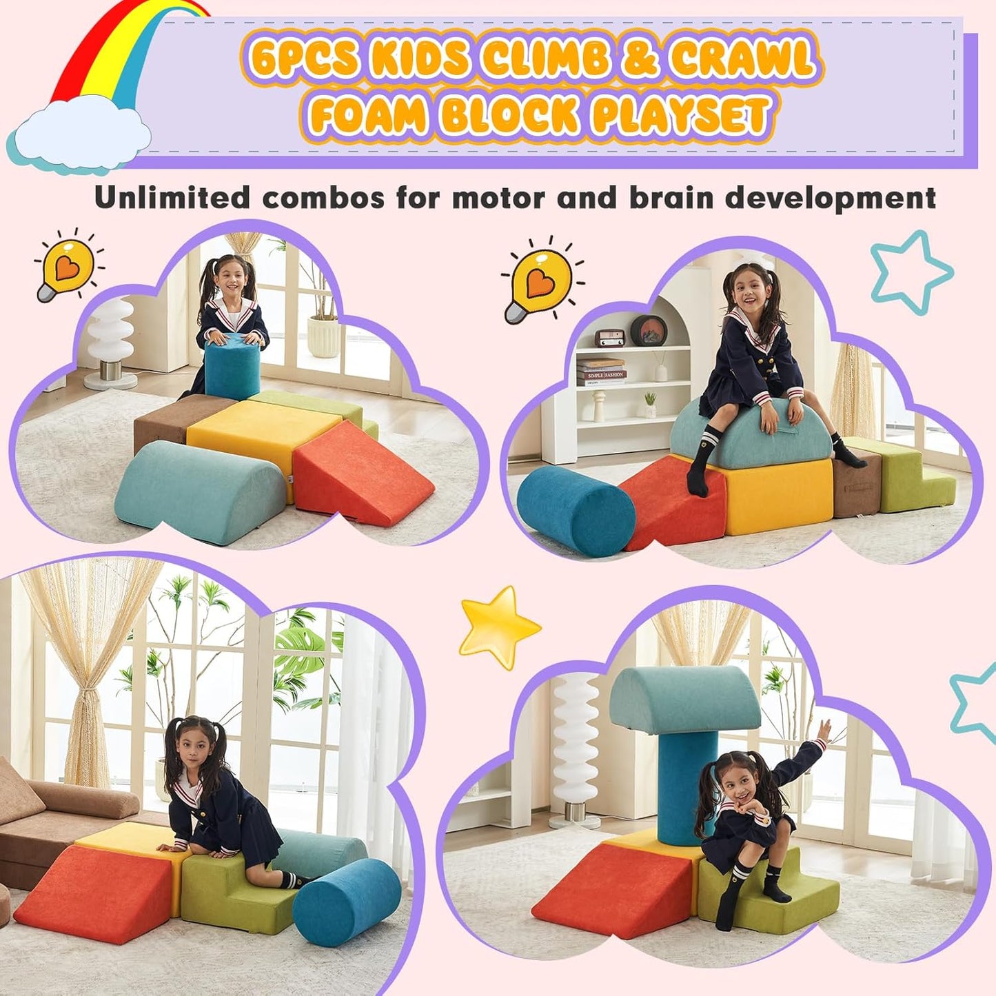 jela Foam Blocks 6Pcs Soft Play Equipment Luxury Miss Fabric, Toddler Climbing Toys Indoor Soft Play Climbing for Toddlers, Lightweight Climbing Blocks for Babies, Kids, Climb and Crawl Foam Playset
