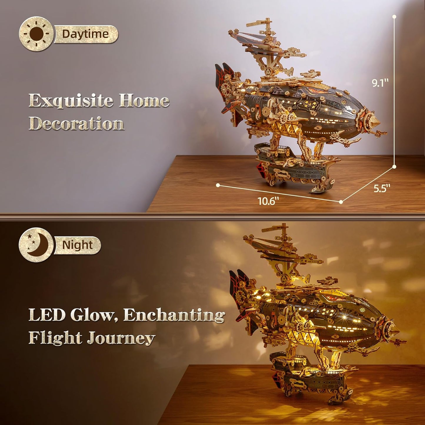 LED 3D Wood Puzzle Fantasy Airship Model - Steampunk DIY Craft Kit with LED Lights – Intricate Wooden Airship Model Building Set for Teens and Adults(Gray)
