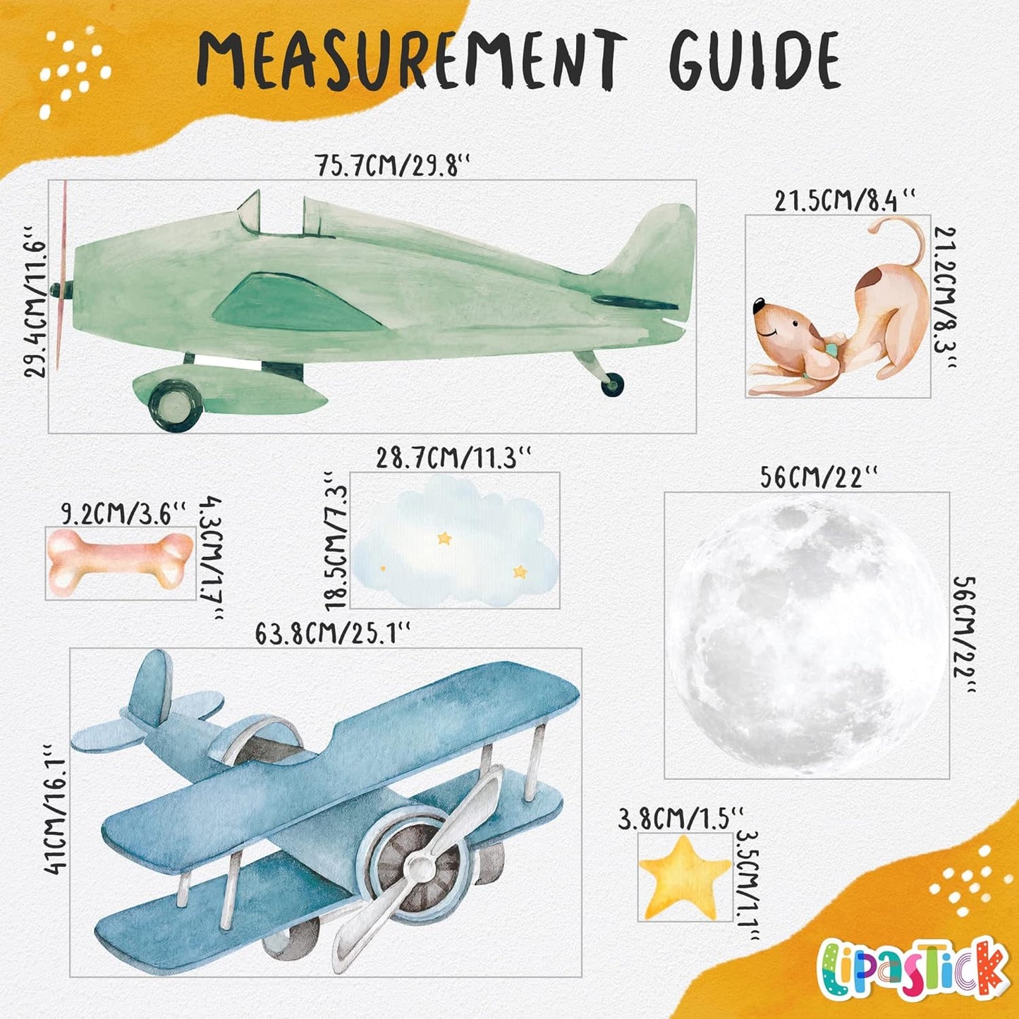Airplane Wall Decals by Lipastick - 47-Piece Watercolor Vintage Plane Stickers for Kids, Boys Room, Baby Nursery, Toddler Bedroom Decor - Premium Vinyl Aircraft Art - XXL Size