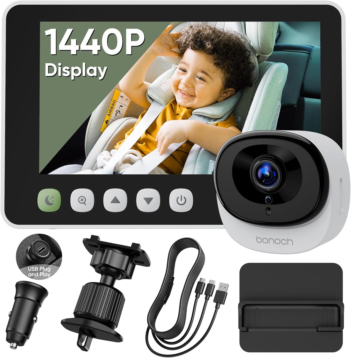 bonoch 5" 1440P Baby Car Camera - 360 Degree Rotating Wide View Backseat Rear Facing Mirror for Baby, USB Powered with Charger, Easy Setup Car Seat Monitor, Night Vision