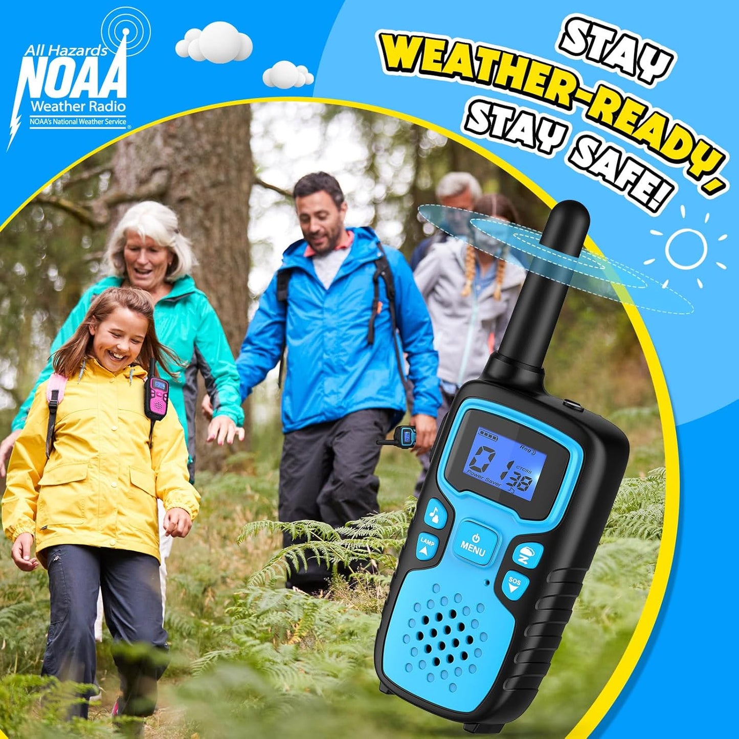 Wishouse Walkie Talkies for Kids Rechargeable Long Range,Xmas Birthday Gift for 4 5 6 7 8 9 Year Old Boys Girls,Hiking Gear Camping Games Cool Toys with NOAA,SOS Siren,Lamp,Lanyards,2 Pack Pink Yellow
