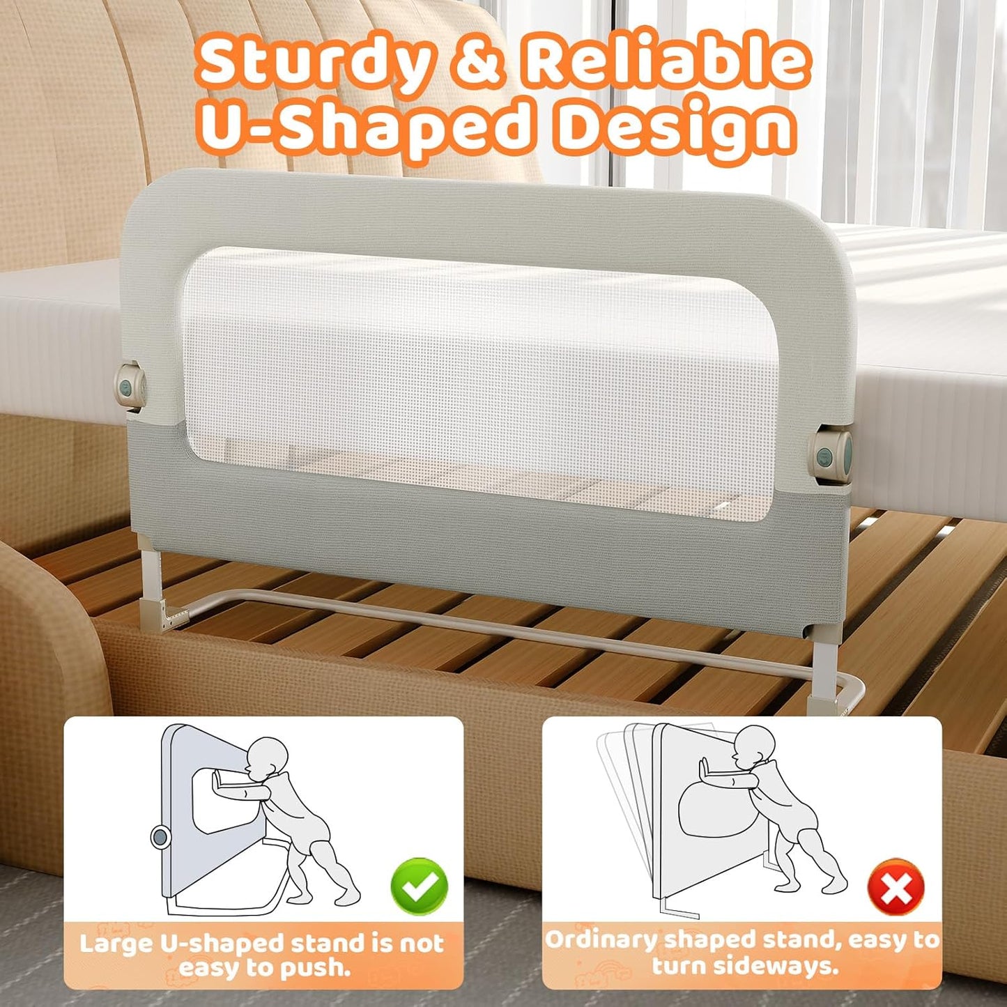 Bed Guard Rail for Toddlers - 47inch Foldable & Adjustable Height Baby Bed Safety Side Rails - Large Toddler Crib Railing Guard for Twin, Bunk, Full Size, Queen & King, Full Size Bed