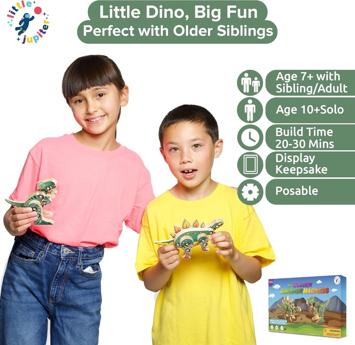 Little Jupiter DIY Wooden Kit with Stickers - Dinosaur Toys for Kids for 7-12 Yrs - Dinosaur Toy Woodworking Kits - Wood Crafts - Building Kit - Wooden Crafts (Stegosaurus & TRex)