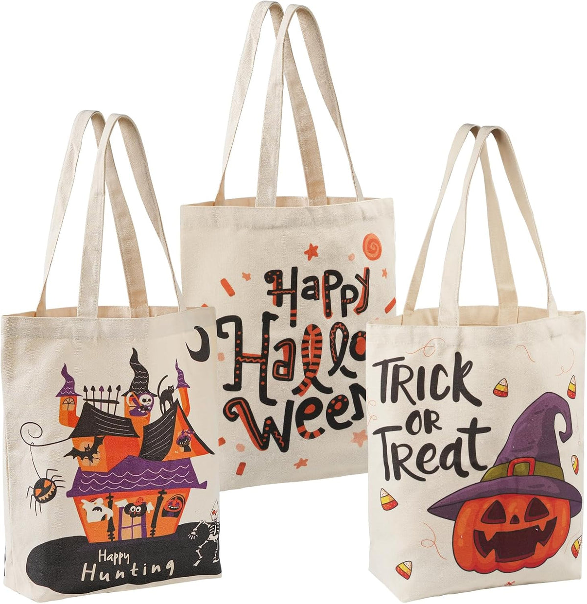 ATFUNSHOP 13.8" Large Halloween Tote Bag Trick or Treat 3 Pack Canvas Reusable Large Bucket with Handle for Kids