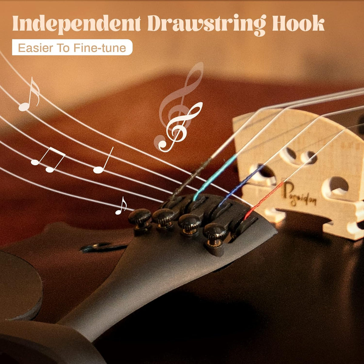 Poseidon Violin 4/4 Full Size Set, Black Violin for Beginners Adult Kid, Stringed Musical Instrument w/Case, Extra Violin 4/4 Strings Set, Violin Bow, Horse Bridge, Rosin, Shoulder Rest, Tuner, Manual