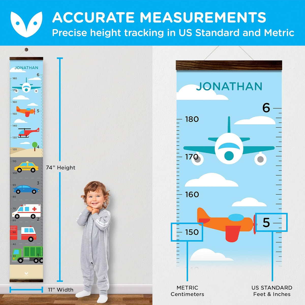 WISE OWL Personalized Growth Chart for Kids - Height Wall Chart for Boys with Peel & Stick Letters for Name - Hanging Canvas Wall Measurement Height Tracker for Baby Gift (Vehicles)