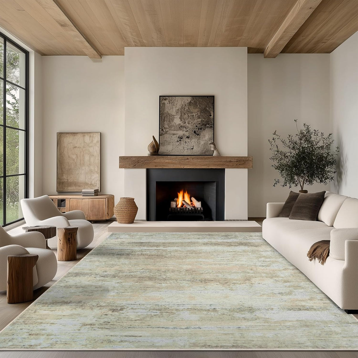 5x7 Area Rug Living Room Rugs - Washable Rug Large Modern Abstract Soft Thin Carpets Indoor Floor No Slip Vintage Carpet for Bedroom Under Dining Table Nursery Home Office Decor Brown