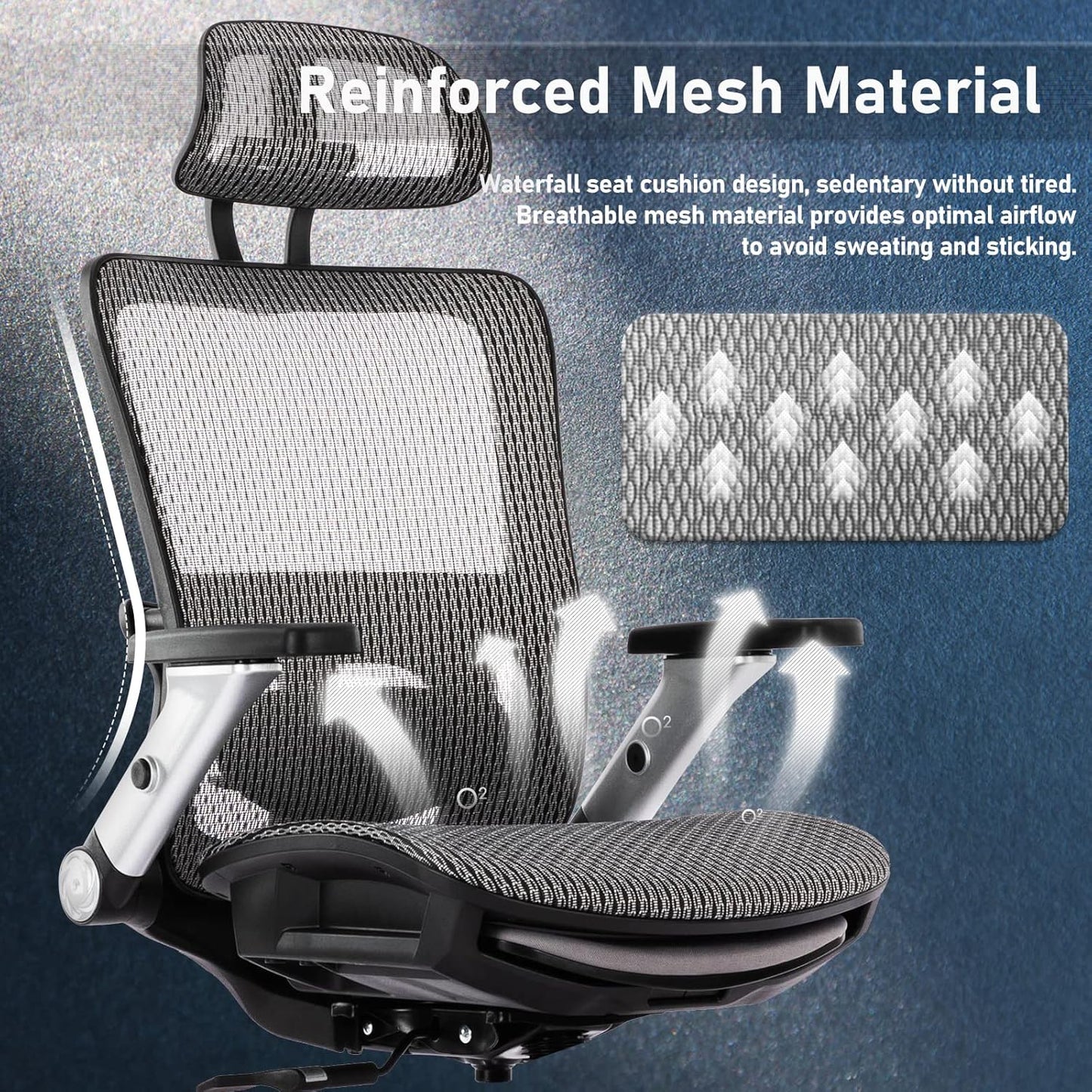 Ergonomic Mesh Office Chair with Footrest, High Back Executive Desk Chair with Adjustable Lumbar Support, Headrest and Tilt Lock, 4D Flip-up Arm-Grey