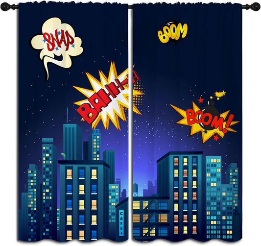 Superhero Rod Pocket Blackout Curtains for Boy Girl Bedroom, Cartoon Skyline Buildings Cityscape Home Energy Efficient Light Filtering Window Curtain for Living Room, 63x63 inch