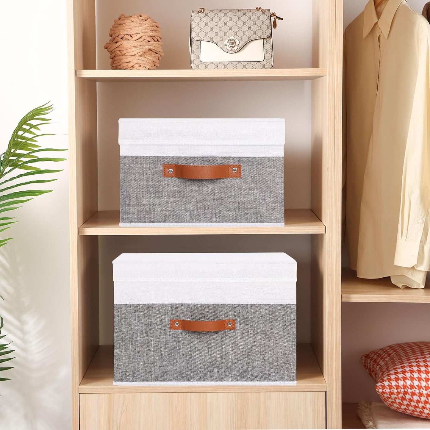 Fabric Storage Bins with Lids, 3 Pack Linen Foldable Cloth Baskets, 15 x 9.8 x 9.8 Inch Closet Organizer Containers with Double Handles, Sweater Boxes for Bedroom, White and Grey
