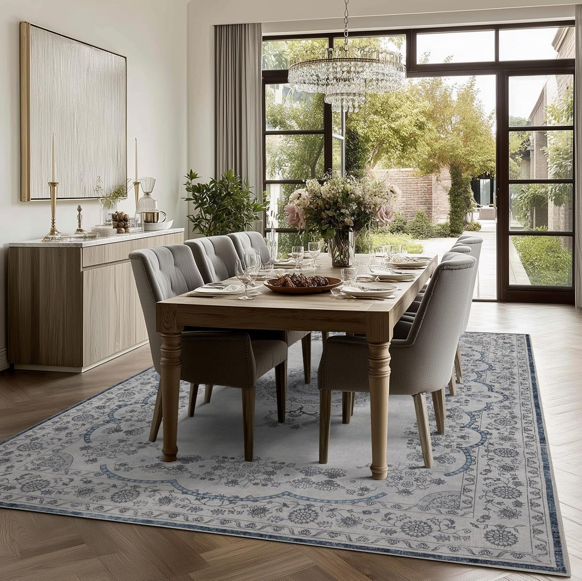 Washable Rugs 5x7 Area Rugs for Living Room, Thin Carpet for Bedroom, Soft Faux Wool Retro Dining Room Rug，Non Slip&Non-Shedding Resistant Low Pile Vintage Print Rug for Home Office (Grey/Blue)