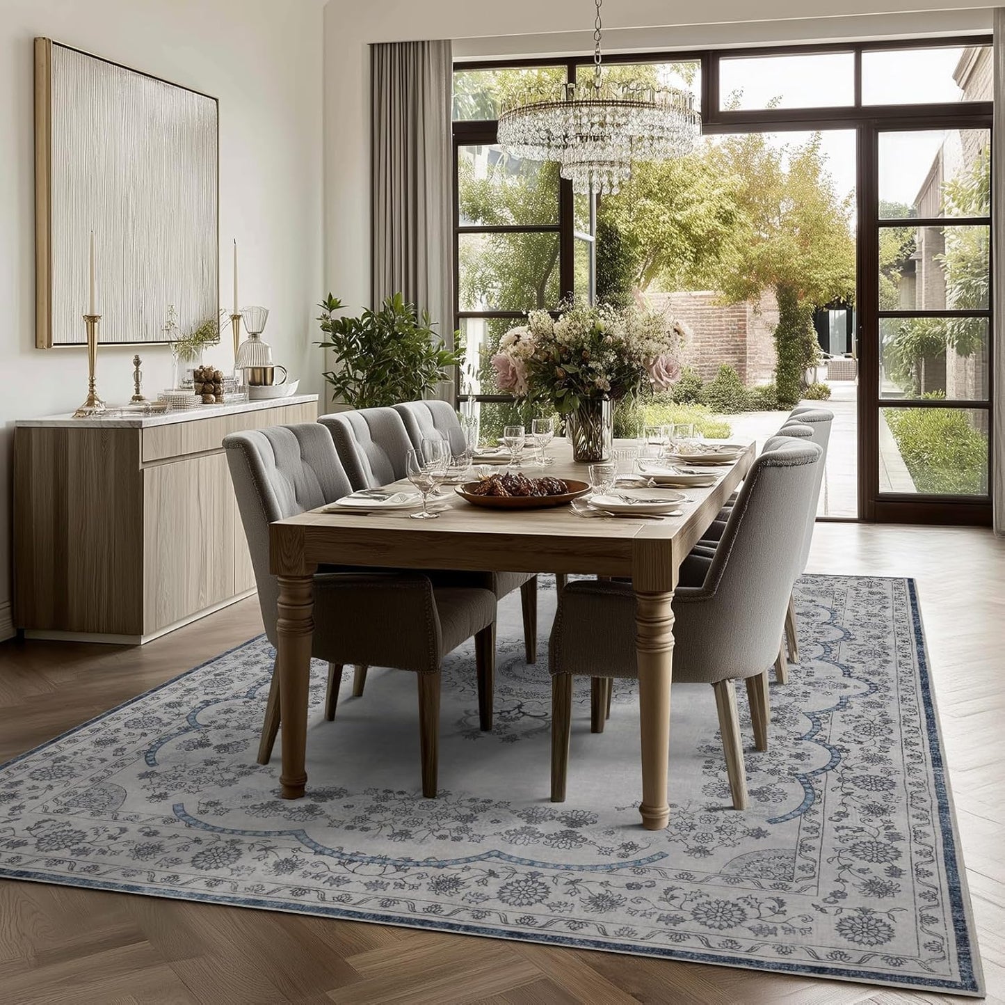 9x12 Area Rug Living Room Rugs, Stain Resistant Washable Rug, Vintage Large Non-Slip Backing, Low Pile Lightweight Print Rug for Bedroom Dinning Room Home Office (Grey/Blue)