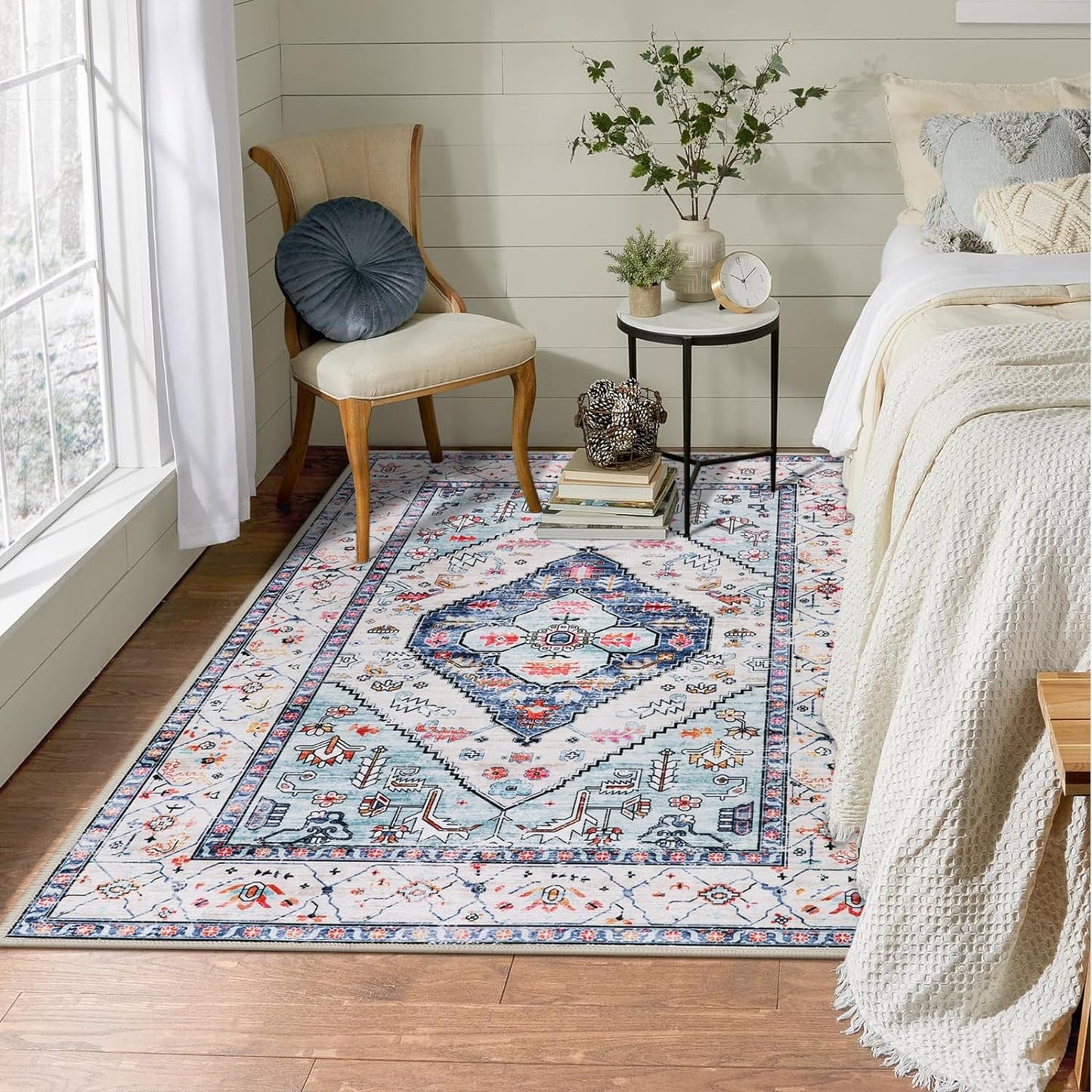 Lahome Boho Round Rug - 9Ft Washable Area Rug, Non-Slip Small Bathroom Rug, Lightweight Bedroom Throw, Oriental Distressed Print Carpet for Entryway, Sofa, Nursery, Kids Room