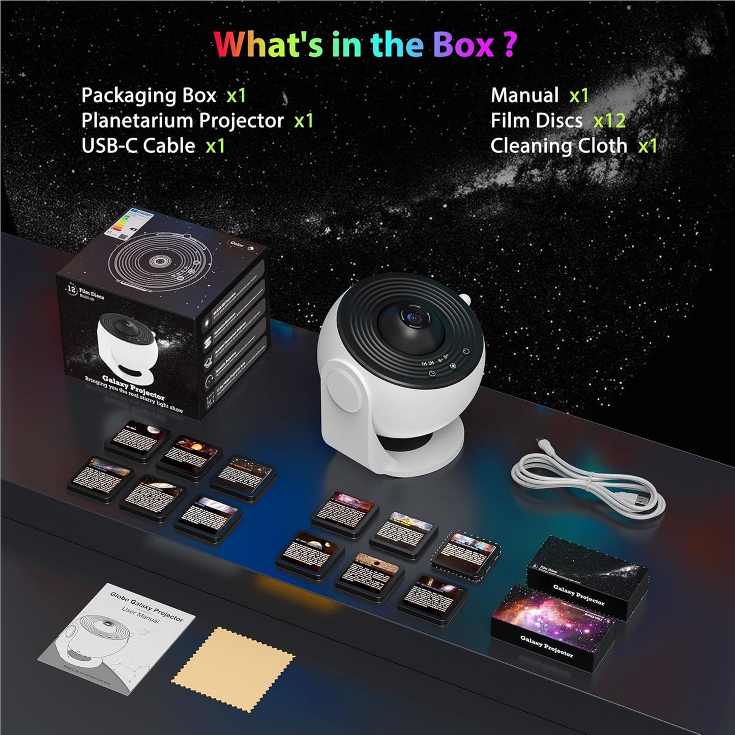 Galaxy Projector for Bedroom, HD Image Star Projector Galaxy Light Adjustable Knob, 13 Film Discs Planetarium Projector for Kids, 360° Rotating 1/2h Timer Simple 3-Button Control