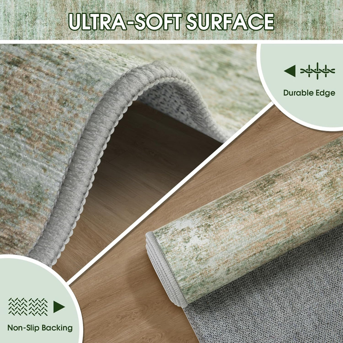 Area Rug 5x7 Living Room Rugs: Abstract Large Washable Rugs with Non-Slip Backing, Thin Carpet for Dining Room Table Bedroom Nursery Indoor Home Office-Green