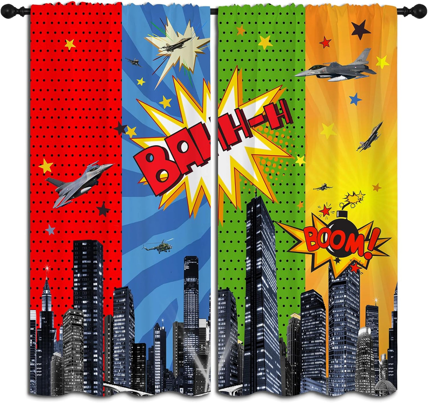 Superhero Rod Pocket Blackout Curtains for Boy Girl Bedroom, City War Explosion Comics Art Thermal Insulated Home Window Drapes for Living Room Darkening, 72x63 inch