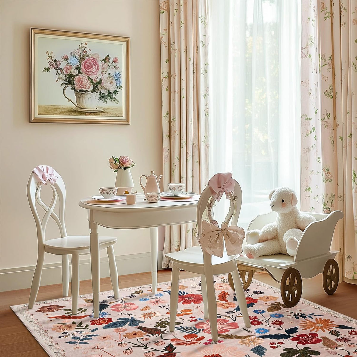 Boho Floral Area Rugs 5x7 Soft Washable Stain Resistant Indoor Floor Carpet Rug Vintage Beige Low Pile Non Slip Rug Spring Farmhouse for Living Room Bedroom Dining Room Playroom Nursery Family Room