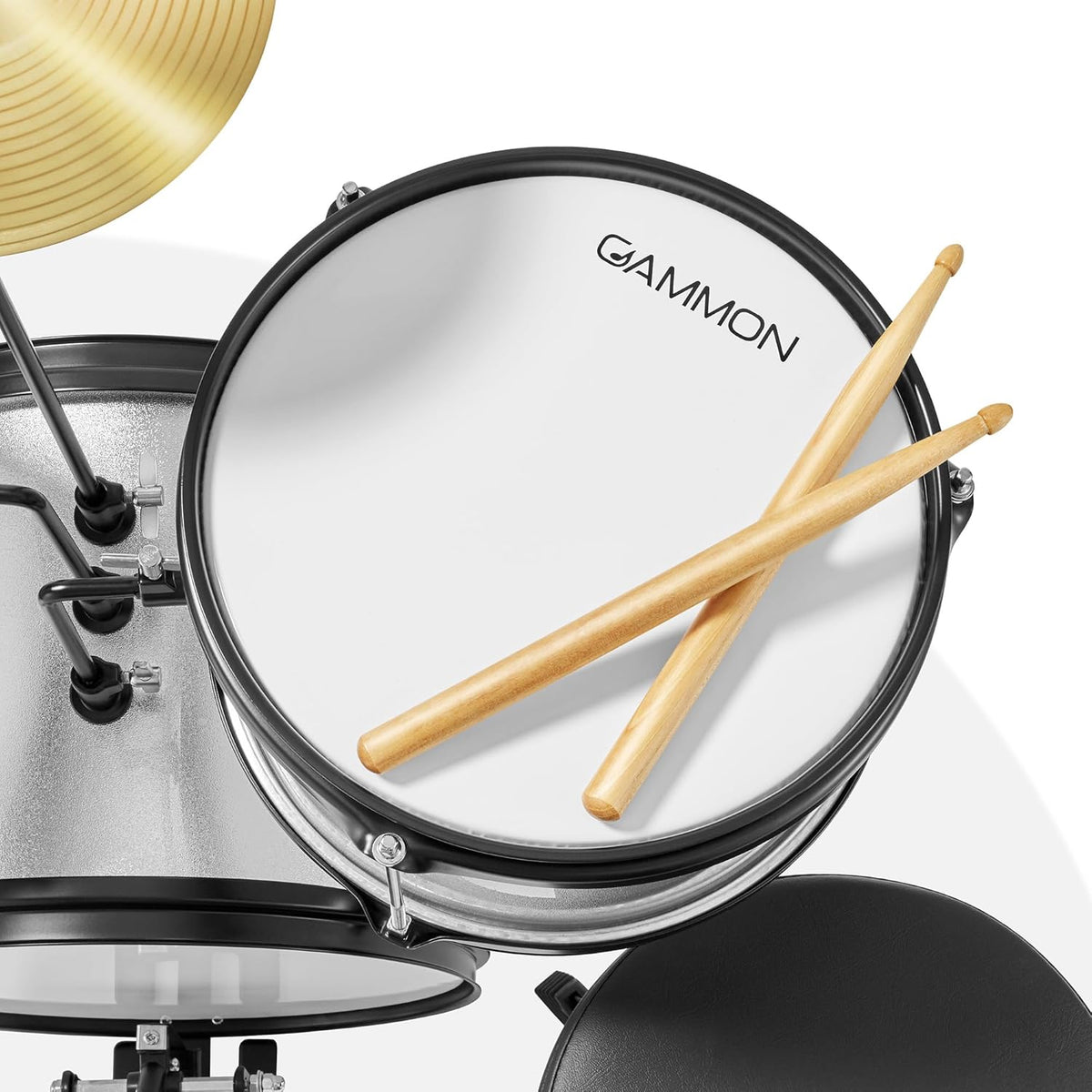 Gammon 3-Piece Junior Drum Set with Throne - Silver, Complete Beginner Kit with Bass Drum, Toms, Cymbal, Pedal, and Drumsticks