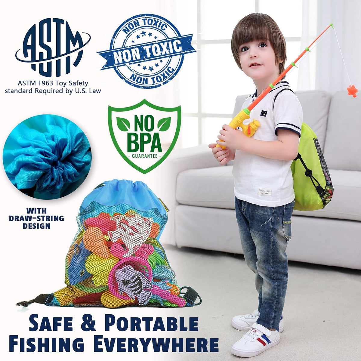 CozyBomB™ Magnetic Fishing Toys Game Set for Kids | Water Table Bathtub Kiddie Pool Party & Pole Rod Net, Plastic Floating Fish Toddler Color Ocean Sea Animals Birthday Age 3 4 5 6 Year
