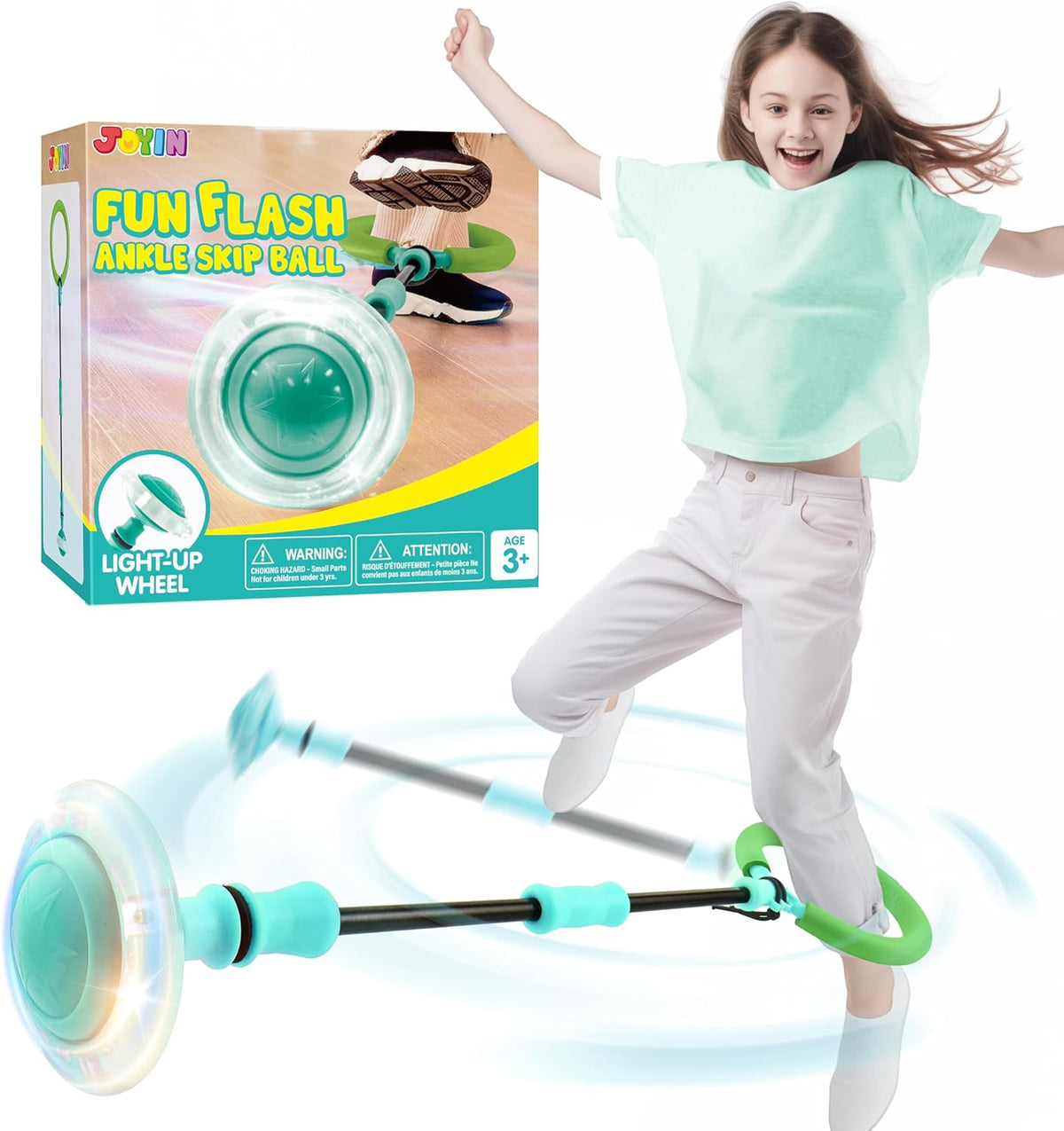 JOYIN Green Ankle Skip Ball with Flashing Lights, Toy for Kids Indoor & Outdoor, Flashing Swing Ball Foldable Sports Toy, Birthday Gifts for Kids 3 4 5 +