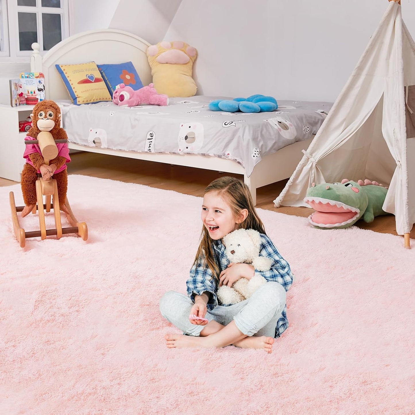 Ultra Soft Rug for Living Room, 5X8 Fluffy Shag Area Rug for Bedroom, Modern Shaggy Carpets Fuzzy Rug for Teens Dorm Nursery Home Decor Aesthetic, Upgrade Anti-Skid Durable, Pink
