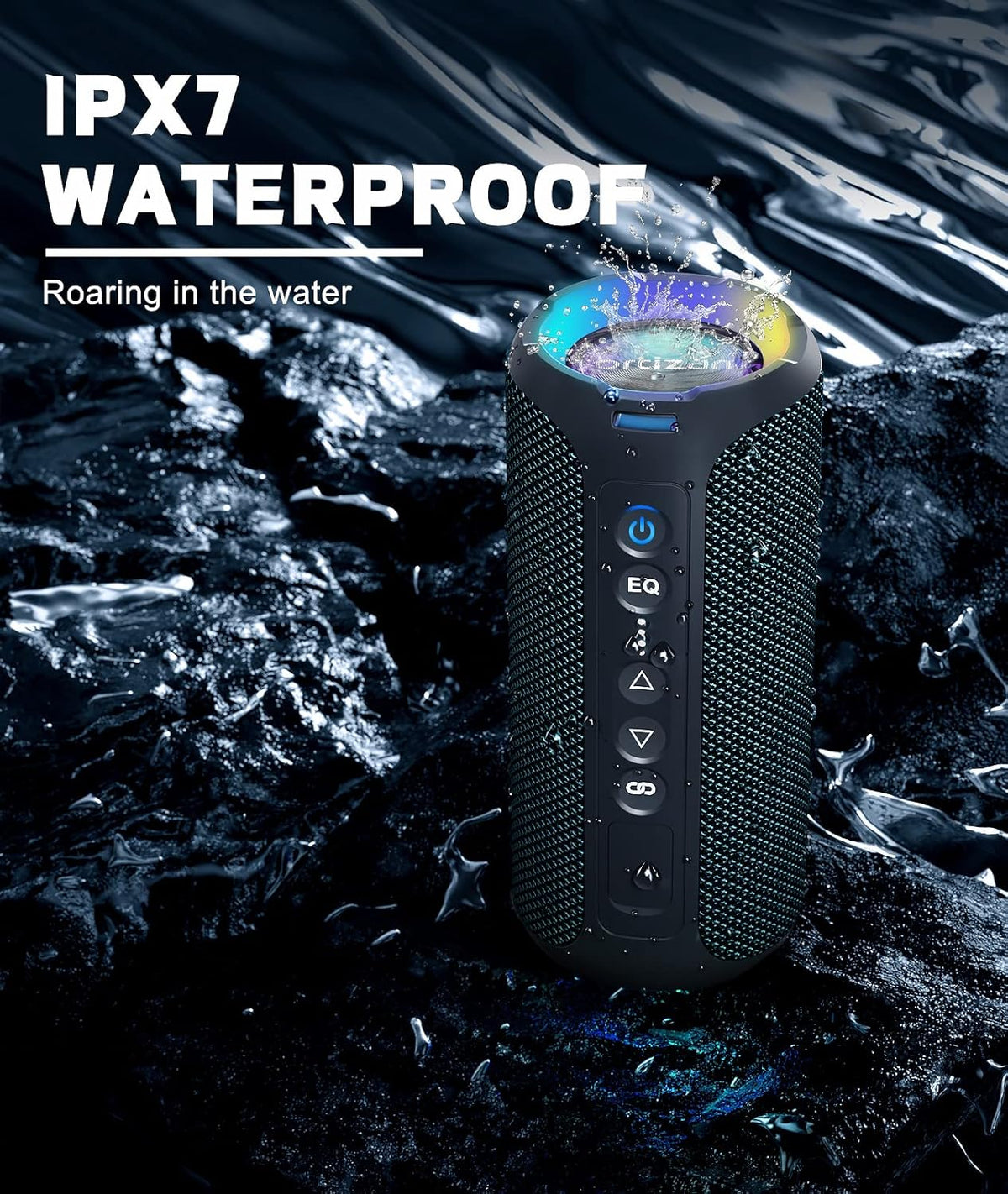 Ortizan Bluetooth Speakers, Portable Wireless Stereo Speaker - IPX7 Waterproof, 30W RMS(40W Peak) Loud Sound, Deep Bass, LED Light, Bluetooth 5.3, for Home/Shower/Outdoor/Beach, Gifts for Adult, Navy