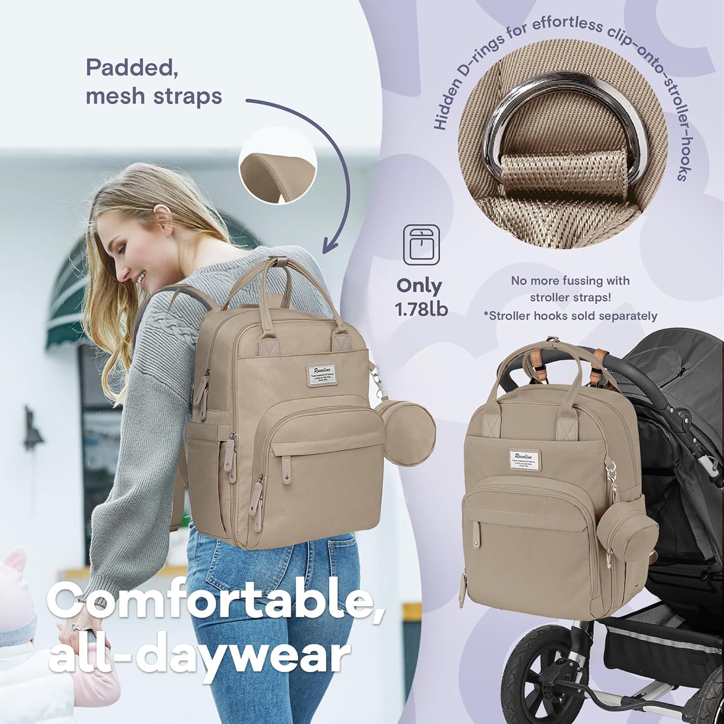 RUVALINO Diaper Bag Backpack-Multifunction Baby Travel Bag with Changing pad, Insulated Bottle Holders & Pacifier Case, Large Capacity, Waterproof, Clay