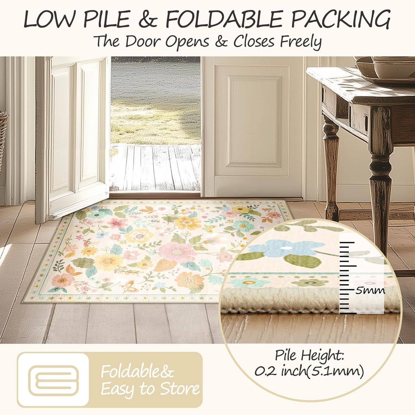 Floral 8ft Area Rug Machine Washable Soft Print Boho Carpet Non Slip Doormat Low Pile Flower Area Rugs for Living Room Bedroom Nursery Kitchen Dining Room Indoor-Beige/White/Orange