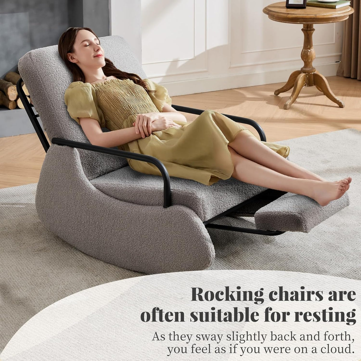 Nursery Rocking Chair, Teddy Upholstered Glider Rocker Modern Accent Chair Padded Seat with High Backrest,Comfy Side Chair for Nursery,Living Room Bedroom Offices, Gray