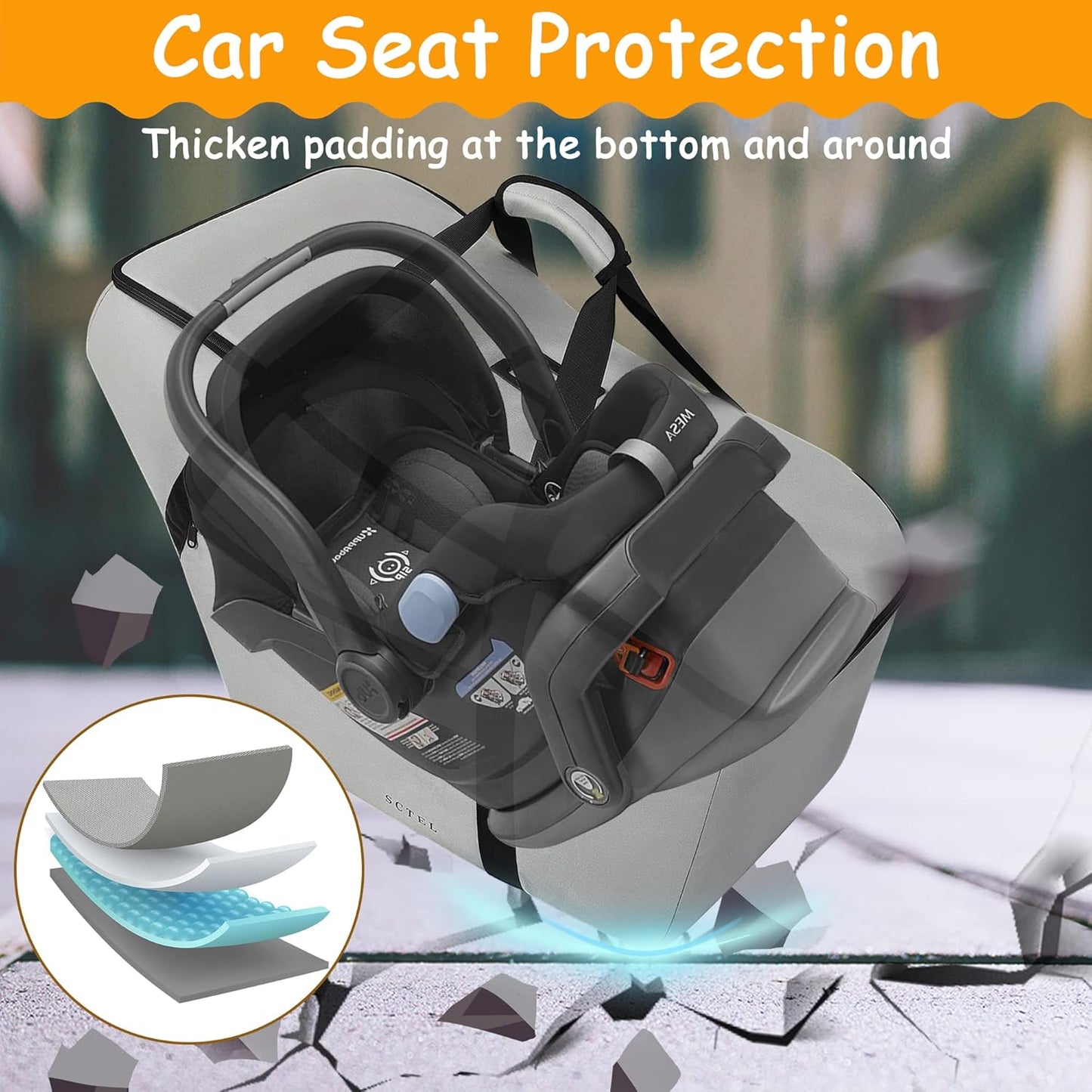 Car Seat Travel Bag Fits Chicco Keyfit 30, Uppababy Mesa, Nuna Pipa Lite, Padded Infant Gate Check Bag for Air Travel, Durable Carrier Bag with Side Pocket and Protective Feet, Extra Storage Bag