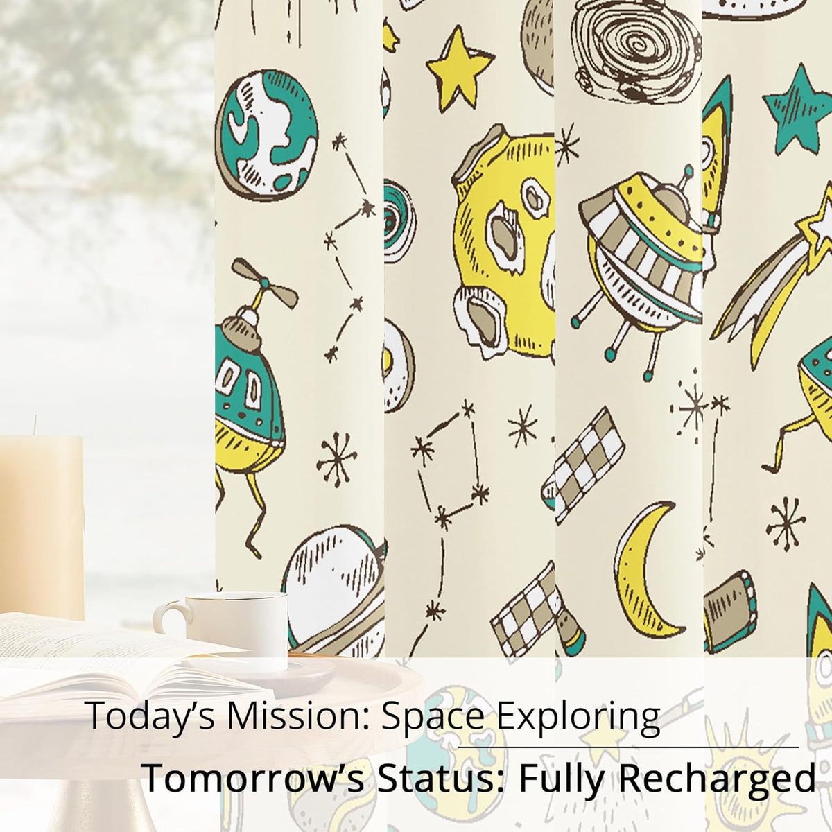 Kids Space UFO and Rocket Blackout Curtains - 100% Blackout, Thermal Insulated, Noise Reducing, Perfect for Kids Room and Nursery, 2 Panels (Space Explorer Sketchbook, W52×L84)