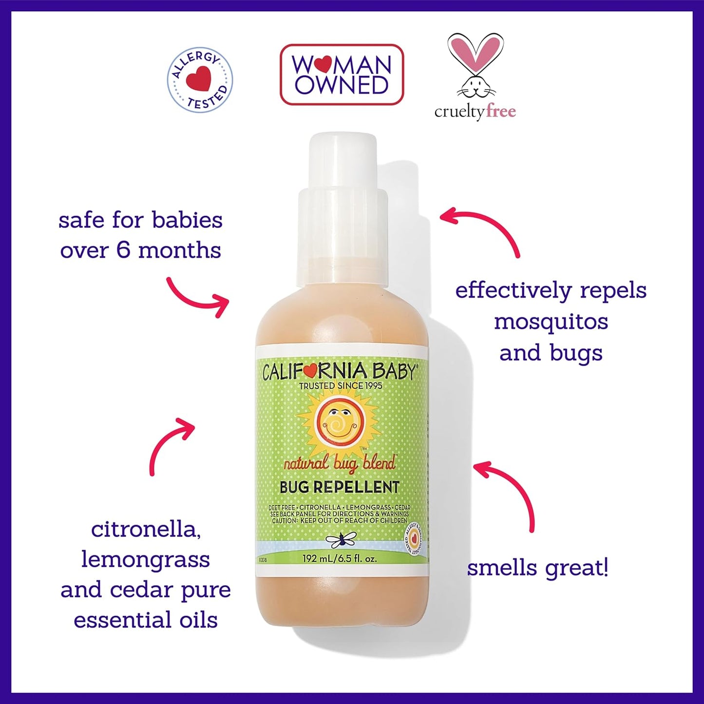California Baby Natural Bug Spray | DEET Free Mosquito Repellent | Baby + Kids Bug Spray | Citronella Spray | Great Smell | 192 mL / 6.5 oz.
