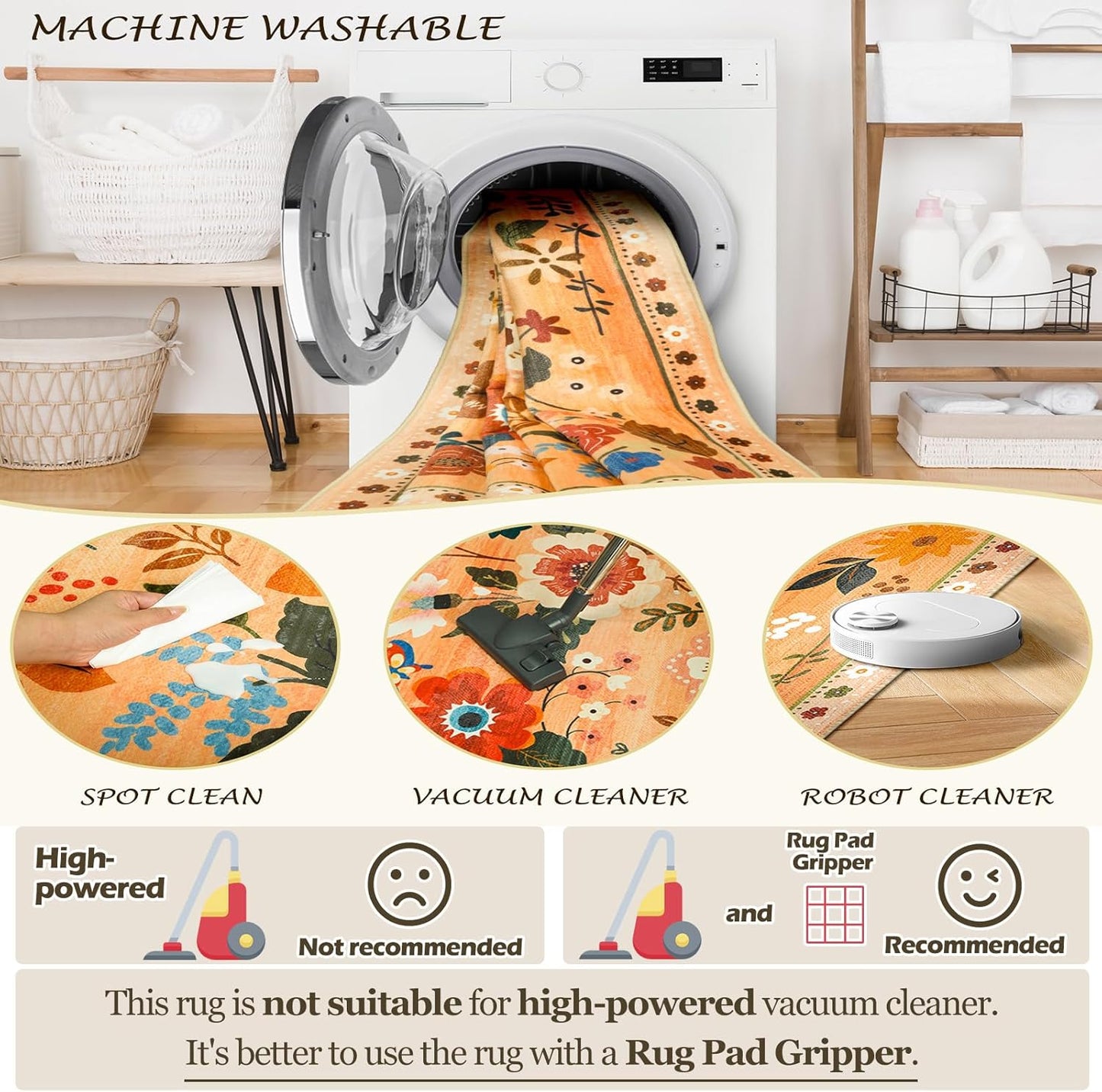 Floral 8x10 Area Rug Machine Washable Soft Print Boho Carpet Non Slip Doormat Low Pile Flower Area Rugs for Living Room Bedroom Nursery Kitchen Dining Room Indoor-Yellow/Orange