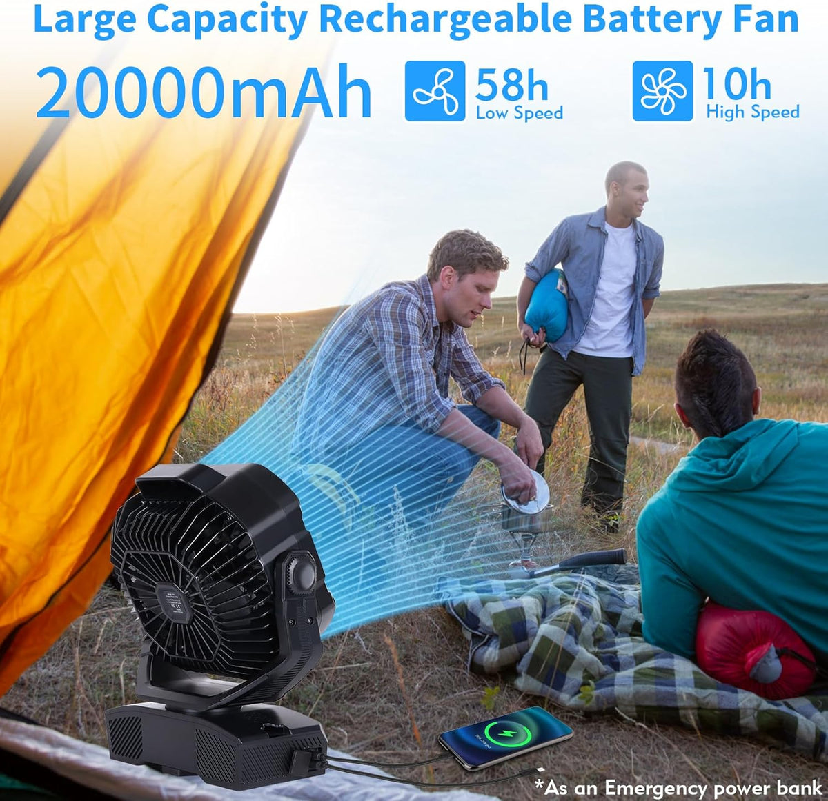 Camping Fan 20000mAh Rechargeable Battery Operated fan Outdoor Tent Fan with Light & Hook 270° Pivot, knob Speeds, Personal USB Desk Fan for Camping Power Outage Jobsite Black X68