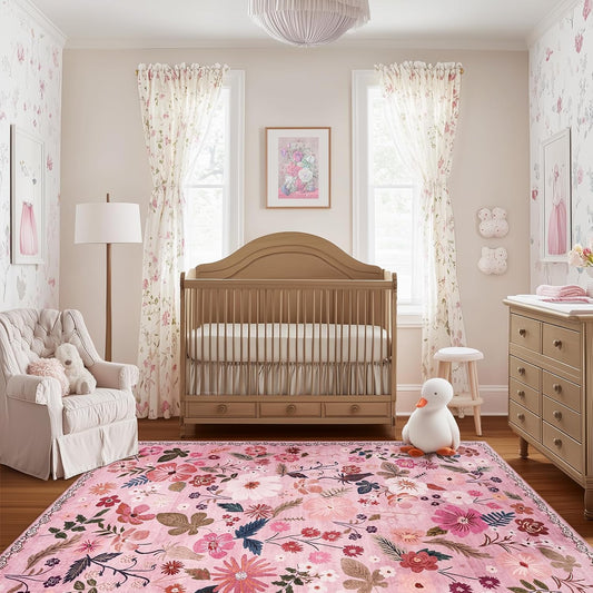 Nursery Rug for Baby Girl 4x6 Machine Washable Boho Floral Area Rugs Non Slip Low Pile Stain Resistant Pink Cute Rugs for Living Room Bedroom Dining Room Kids Room Farmhouse Family Room Office Patio