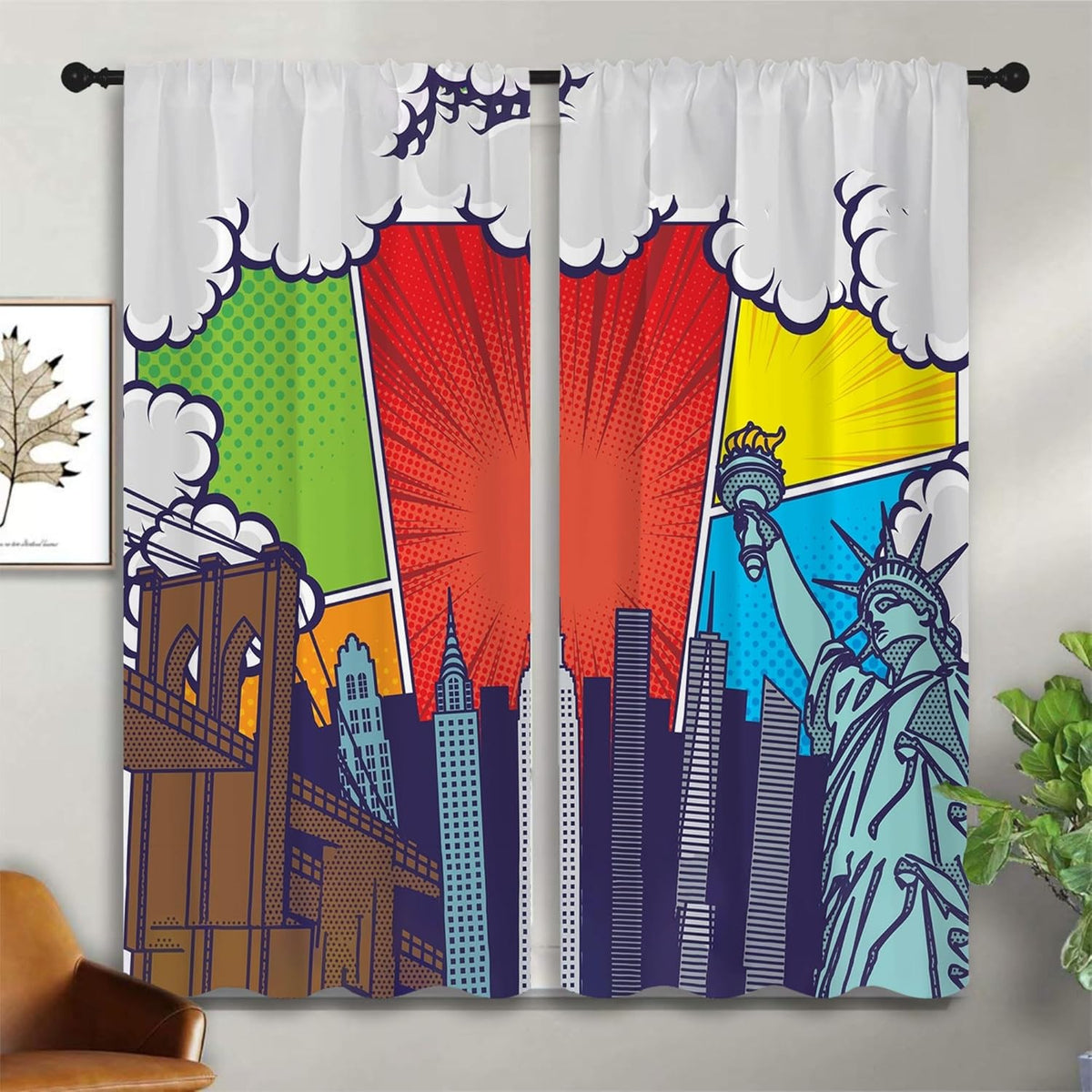 City Rod Pocket Blackout Curtains for Boy Girl Bedroom, Pop Art Style New York Cityscape Thermal Insulated Home Window Drapes for Living Room Darkening, 42x45 inch