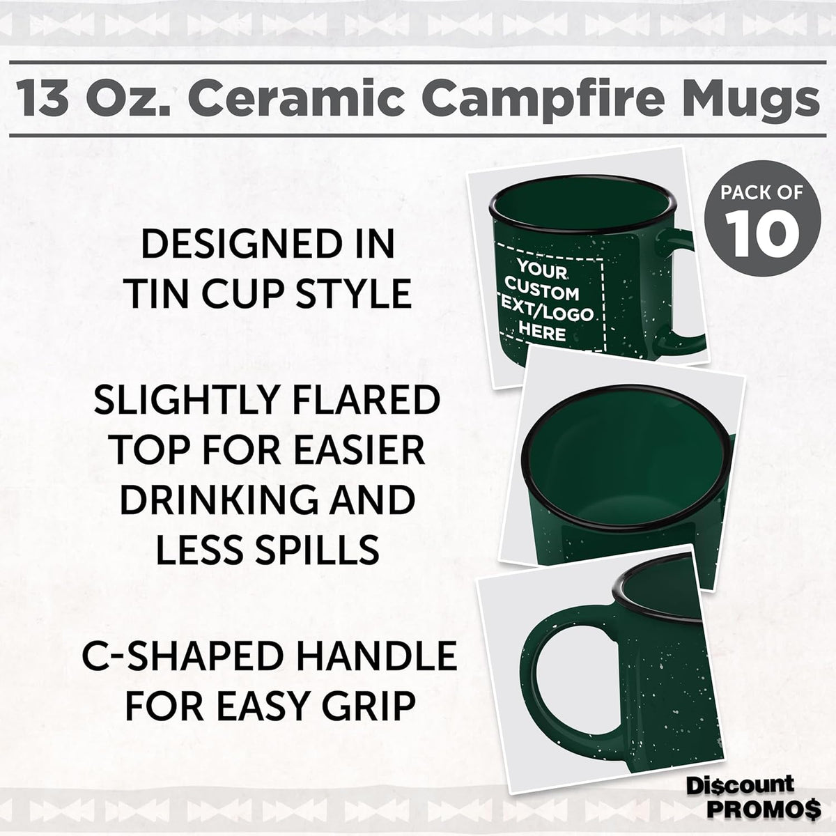 DISCOUNT PROMOS Custom Ceramic Campfire Coffee Mugs 13 oz. Set of 10, Personalized Bulk Pack - Perfect for Tea, Espresso, Cappuccino, Hot Cocoa - Green