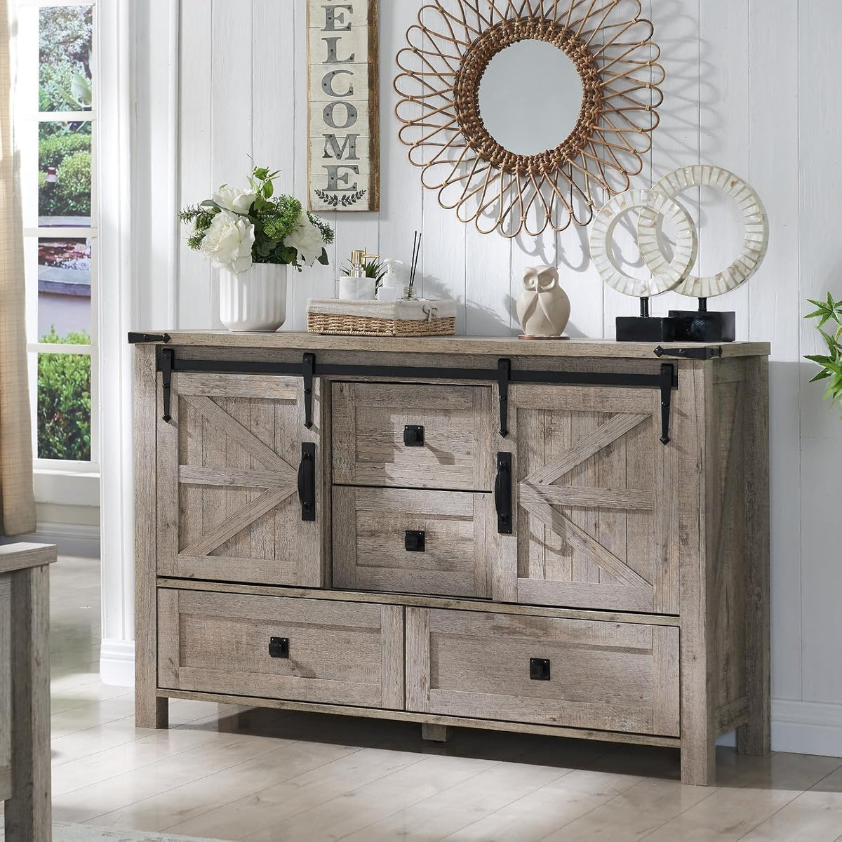 T4TREAM 48'' Farmhouse Dresser for Bedroom w/4 Drawers & Sliding Barn Doors, Tall Chest of Drawers, Rustic Dresser TV Stand w/Shelf, Organizer for Bedroom, Living Room, Foyer,Light Rustic Oak