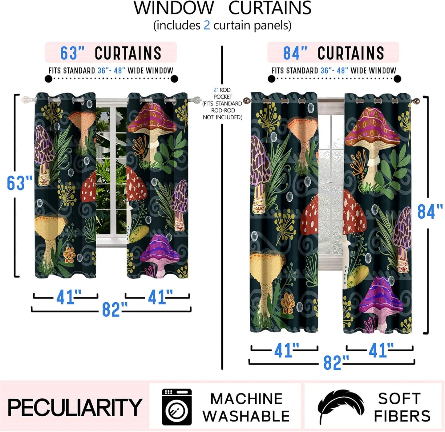 Mushrooms Curtains Panels for Kids Room Green Mushroom Blackout Curtains 63 inch Length for Kids Bedroom Living Nursery Room Grommet Top Thermal Insulated Curtains, 2 Pcs Panels, 82" x 63"