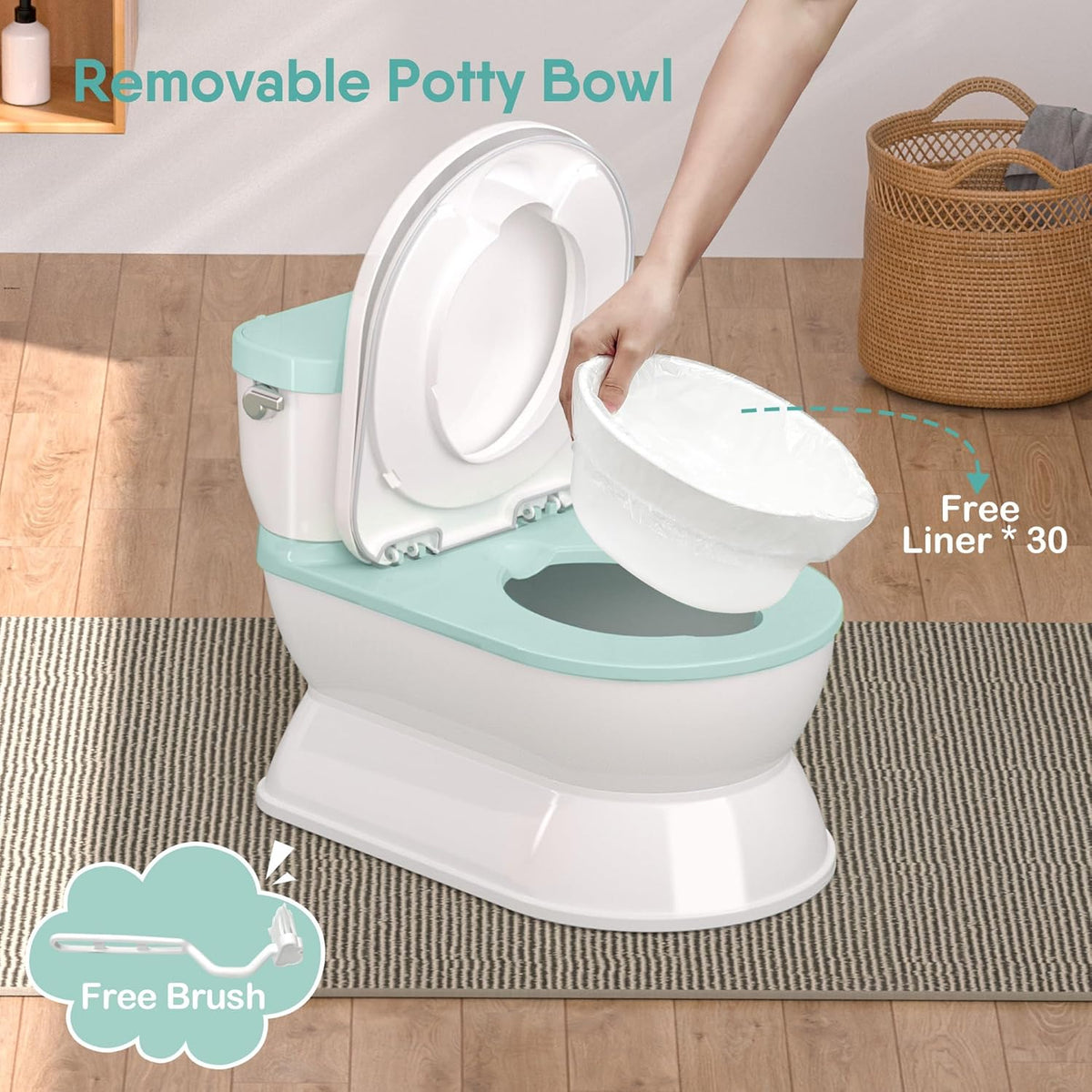 2-in-1 Toddler Potty Training Toilet - Larger Potty Chair & Detachable Training Seat for Boys & Girls Ages 1-3 with Flushing Sound, Wipes Storage, Toilet Paper Holder - Cyan