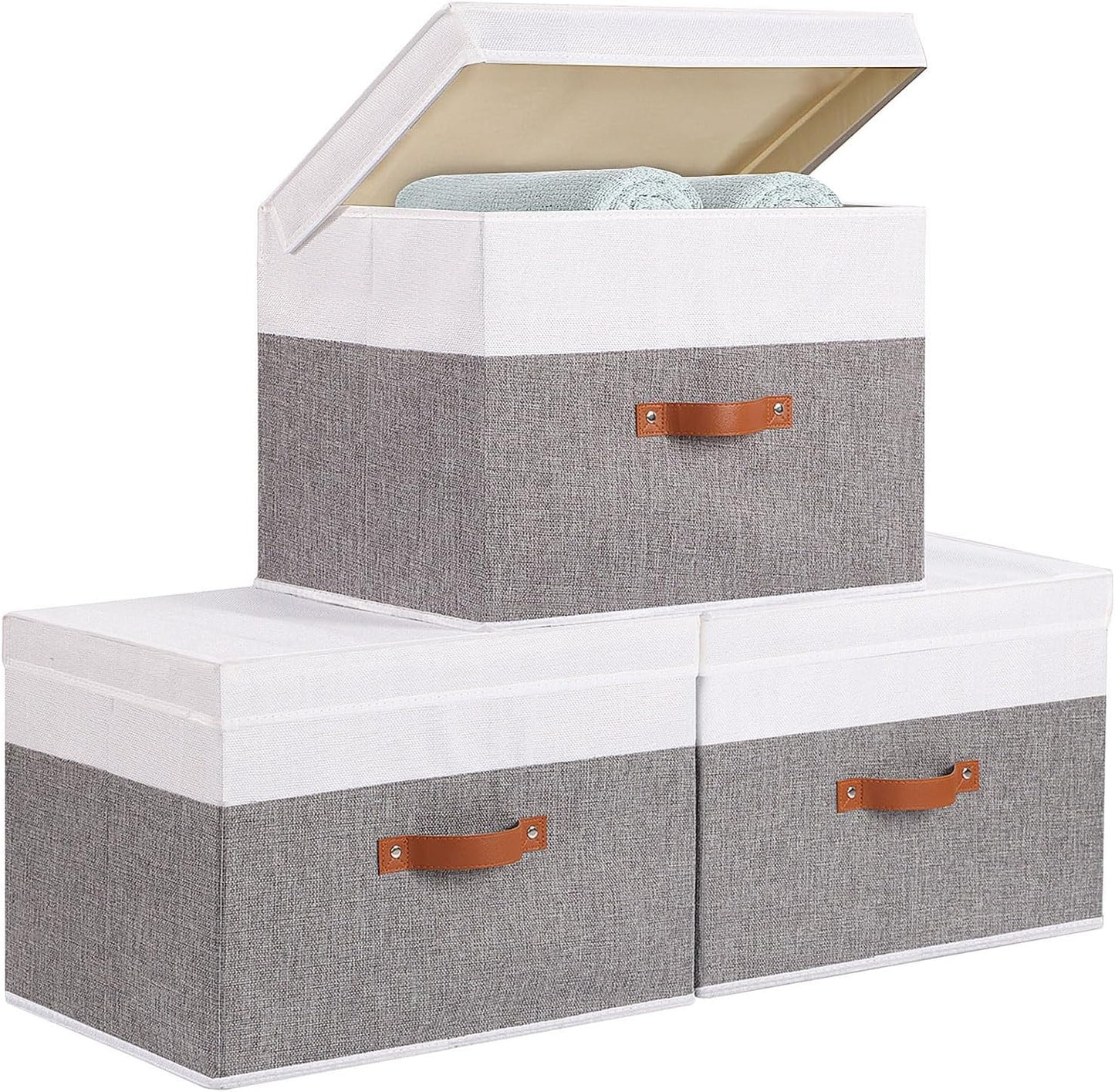 Fabric Storage Bins with Lids, 3 Pack Linen Foldable Cloth Baskets, 15 x 9.8 x 9.8 Inch Closet Organizer Containers with Double Handles, Sweater Boxes for Bedroom, White and Grey