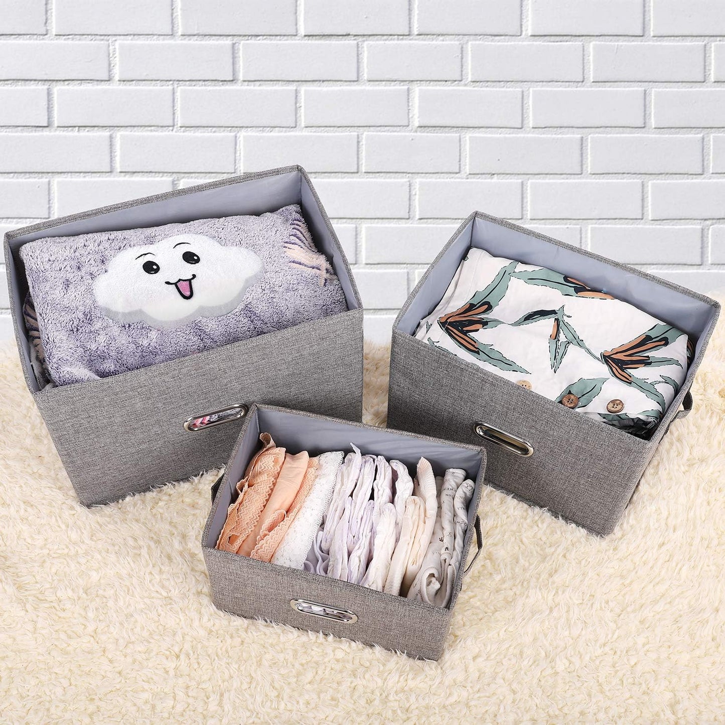 Linen Fabric Collapsible Storage Bins with Removable Lids and Handles, Washable Storage Box Containers Baskets Cube with Cover for Bedroom,Closet,Office,Living Room,Nursery (Green, Medium)