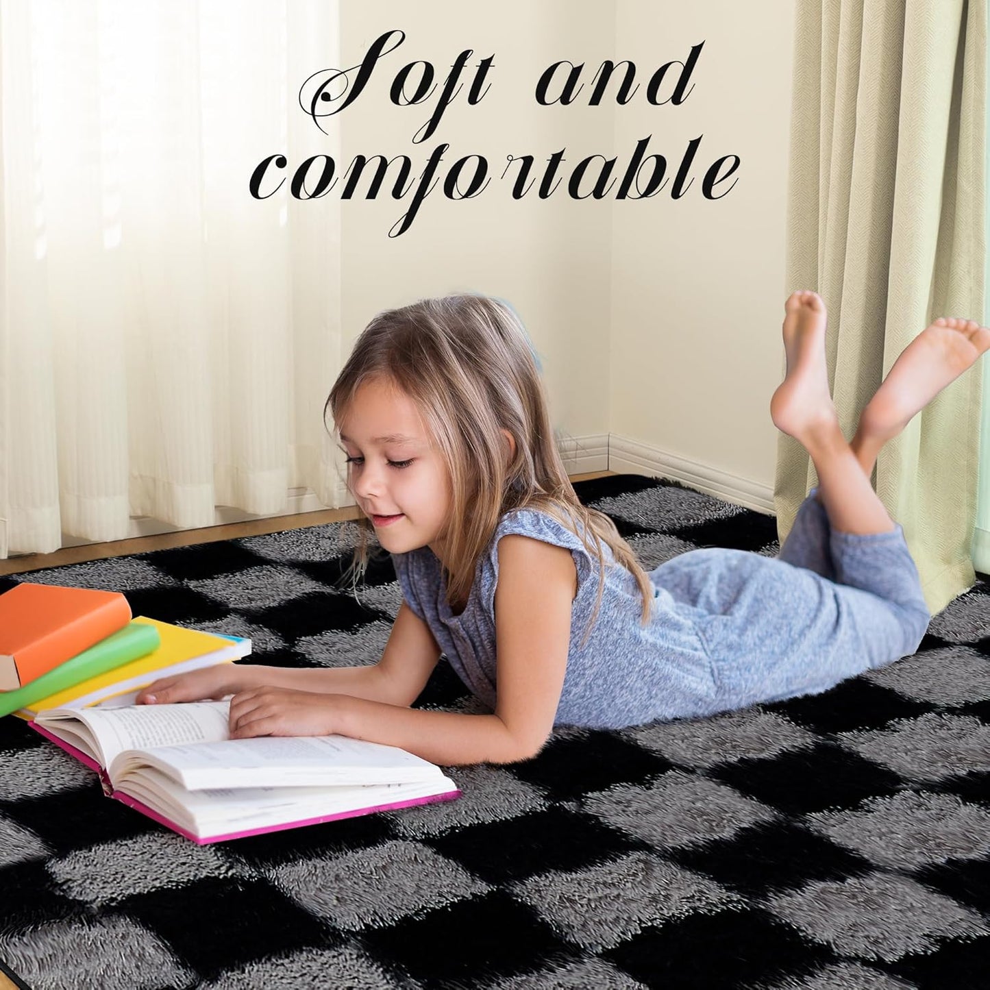 Super Soft Rug for Bedroom, 8x10 Ft Grey and Black Area Rug Classic Checkered Shaggy Rug Anti-Skid High Pile Soft Fluffy Fuzzy Carpet for Living Room Bedroom Kids Room Nursery, Dorm Home Decor
