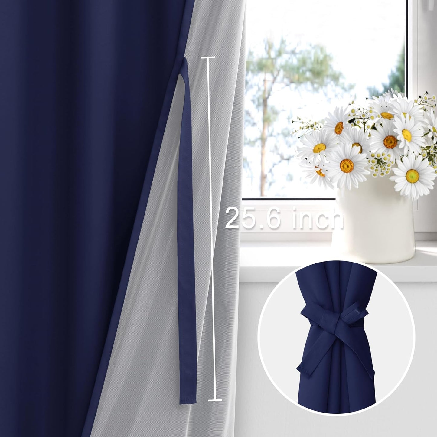 XWZO 100% Blackout Curtains 63 Inches Long with Tiebacks- 2 Layers Full Light Blocking and Thermal Insulated Black Liner Rod Pocket Curtains for Bedroom/Living Room, Navy Blue, W42 x L63, Set of 2