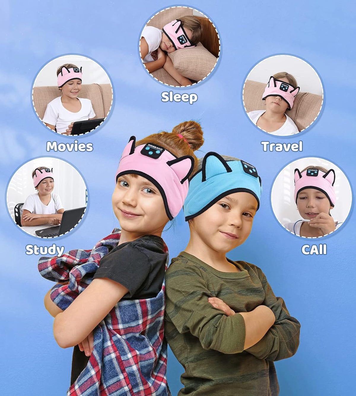 KIDSBAND Kids Headphones, Cozy Bluetooth Headphones for Kids with Wired Playback 3.5 MM Jack for School,Foldable Cat Ear Headset for Girls Boys Children,Kindle Tablet Cellphones Airplane Travel