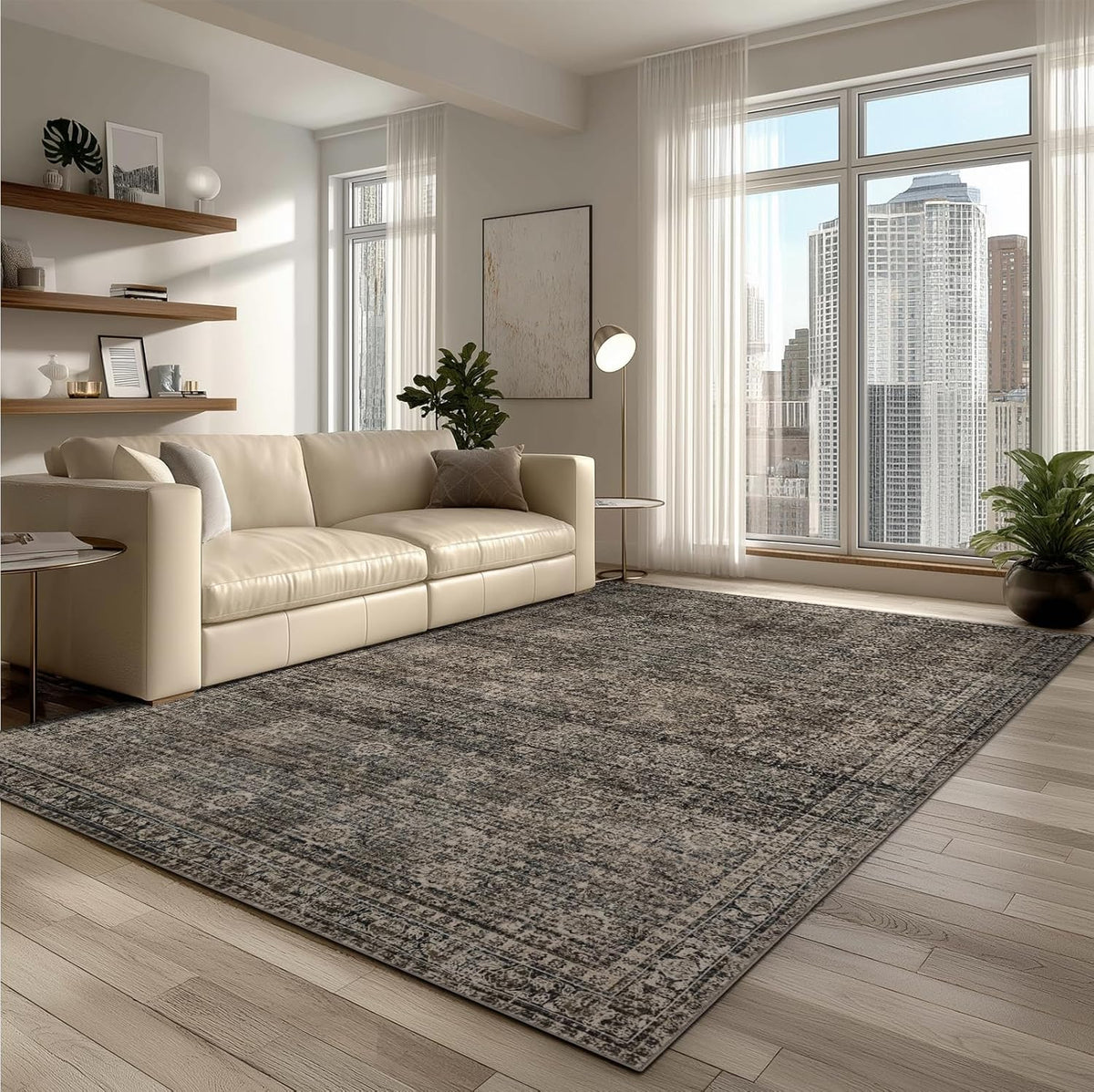Washable 6x9 Area Rug for Living Room, Carpet for Bedroom Dining Room, Non Slip&Non-Shedding Resistant Low Pile Vintage Print Rug for Home Office (Brown)