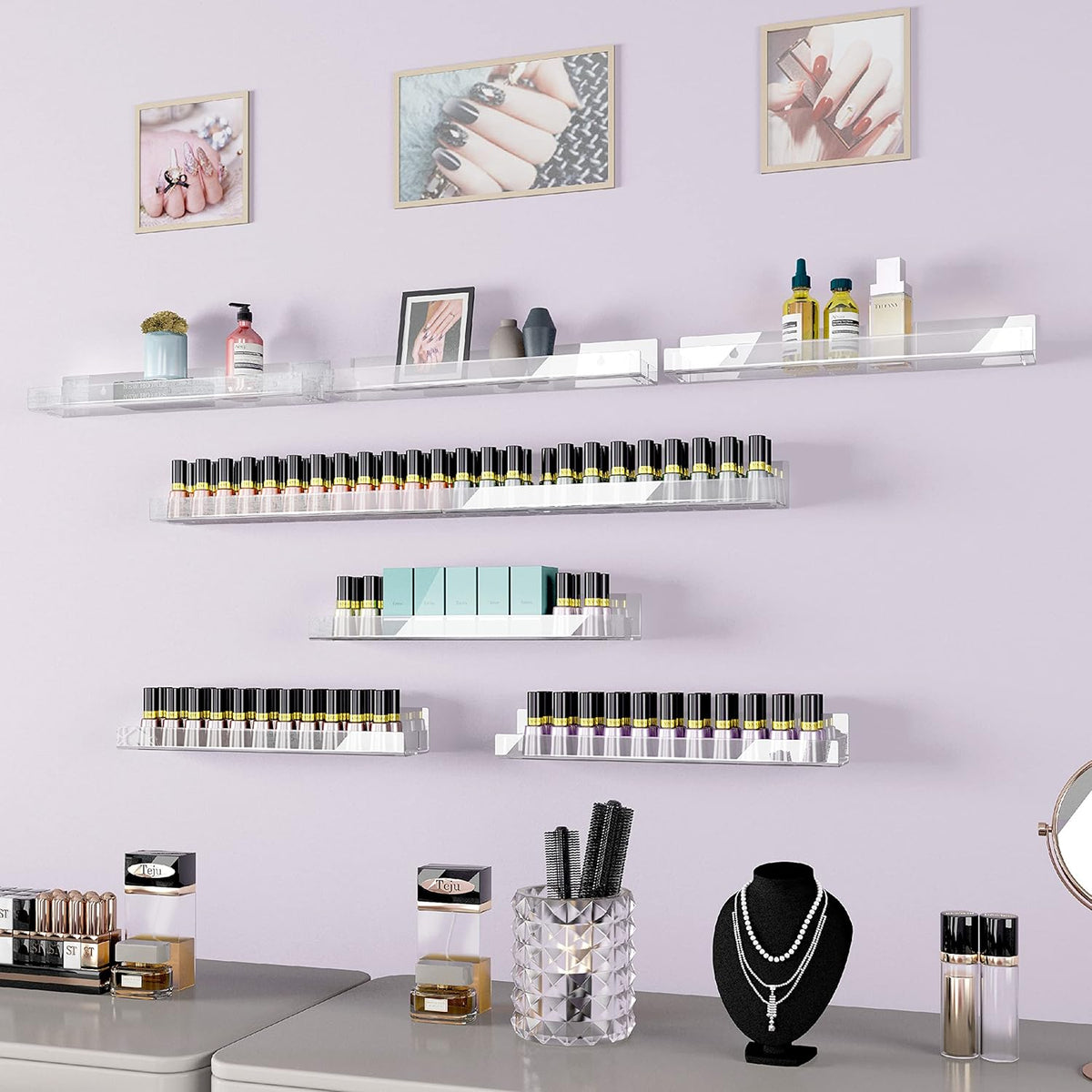 4 Pack 15 Inch Clear Acrylic Shelves, Clear Kids Floating Bookshelf for Kids Room, Modern Nail Polish Rack Sunglasses Essential Oil Picture Ledge Display Toy Storage Wall Shelf