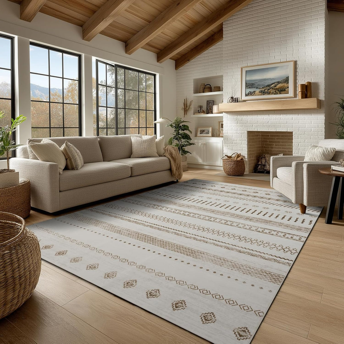 Washable Rugs 5x7 Area Rugs for Living Room, Thin Carpet for Bedroom, Boho Soft Faux Wool Retro Dining Room Rug，Non Slip&Non-Shedding Resistant Low Pile Vintage Print Rug for Home Office (Beige)