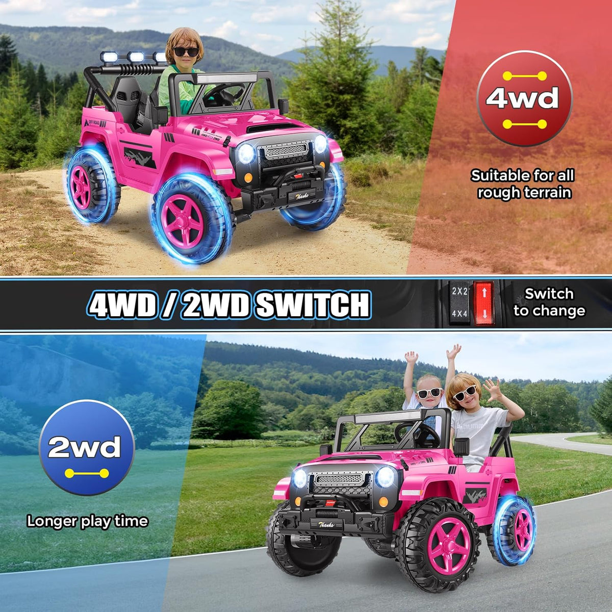 Hikole 24V 2 Seater Ride on Cars for Kids - Remote Control, 20" Spacious Seat, 4WD/2WD Switchable Electric Car with LED Lights, Bluetooth, 3 Speeds, Ride on Toys for Kids 3-8, Hot Pink